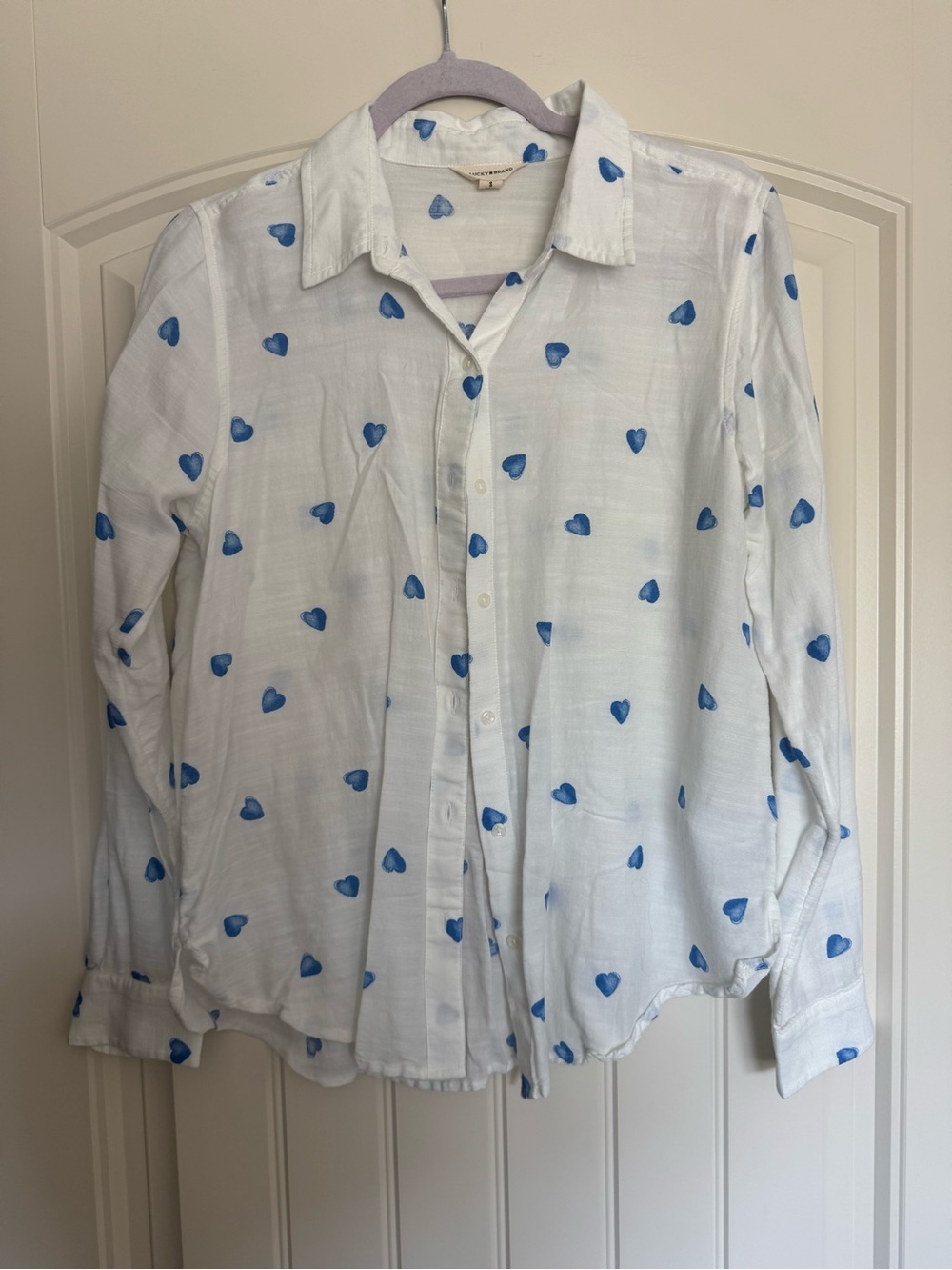 Lucky Brand White Button-Down Shirt with Blue Heart Print